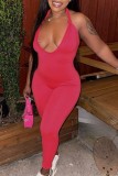 Rose Red Sexy Casual Solid Backless Halter Skinny Jumpsuits