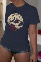 Marineblauwe casual street print schedel patchwork T-shirts met ronde hals