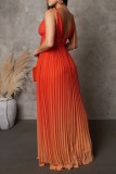 オレンジ セクシー カジュアル 段階的変化 プリント 包帯 バックレス プリーツ V ネック ロング ドレス ドレス