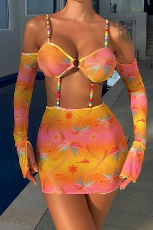 Orange Sexy Print Backless Beach Swimsuit Dress (Without Paddings)