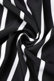 Zwarte casual gestreepte print patchwork jurk met V-hals en korte mouwen Grote maten jurken