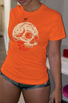 T-shirt O Neck patchwork teschio con stampa street casual arancione