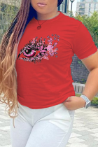 Rote Daily Eyes bedruckte Patchwork-T-Shirts mit O-Ausschnitt