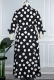 Robe longue noire décontractée à pois imprimé patchwork col rabattu robes grande taille
