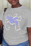 Königsblaue, lässige Patchwork-T-Shirts mit O-Ausschnitt im Basisdruck