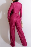 Fuchsia Casual Solid Frenulum V Neck Long Sleeve Two Pieces