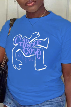 Camisetas con cuello en O de patchwork con estampado informal azul real