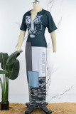 Marineblaue, lässige Street-Print-Patchwork-Kleider mit V-Ausschnitt und einstufigem Rock