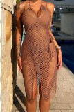 Brown Sexy Solid Bandage Hollowed Out See-through Backless Swimwears Cover Up