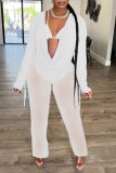 Sky Blue Sexy Solid See-through V Neck Long Sleeve Three Piece Set