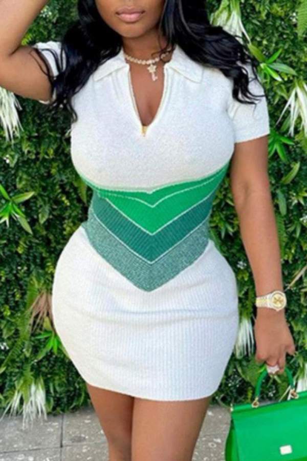 Green Casual Patchwork Contrast Turndown Collar Short Sleeve Dress