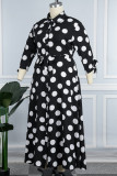 Zwarte casual stippenprint patchwork lange jurk met kraag Grote maten jurken