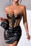 Black Sexy Casual Patchwork Backless Strapless Tops