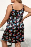Dark Blue Sexy Living Print Spaghetti Strap Sleeveless Dress Plus Size Sleepwear