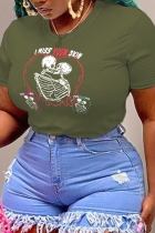 Army Green Casual Sportswear Print Skull Patchwork O Neck T-Shirts