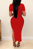 Red Casual Solid Patchwork Slit Hot Drill O Neck Short Sleeve Dress
