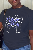 Camisetas con cuello en O de patchwork con estampado casual azul marino