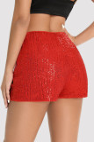 Pantalones cortos lentejuelas informales de patchwork de cintura alta recta rojo