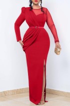 Красное повседневное однотонное длинное платье в стиле пэчворк с разрезом и круглым вырезом Платья