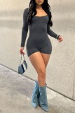 Dark Gray Sexy Casual Solid Backless O Neck Skinny Rompers