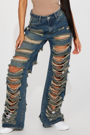 Blue Casual Solid Patchwork High Waist Regular Baggy Ripped Denim Jeans