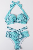 Blue Sexy Print Hollowed Out Patchwork Frenulum Backless Swimwears (With Paddings)