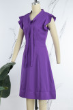 Фиолетовые элегантные однотонные платья в стиле пэчворк с воланами и круглым вырезом