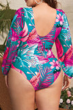Multicolor Casual Print Backless O Neck Plus Size Swimwear (With Paddings)