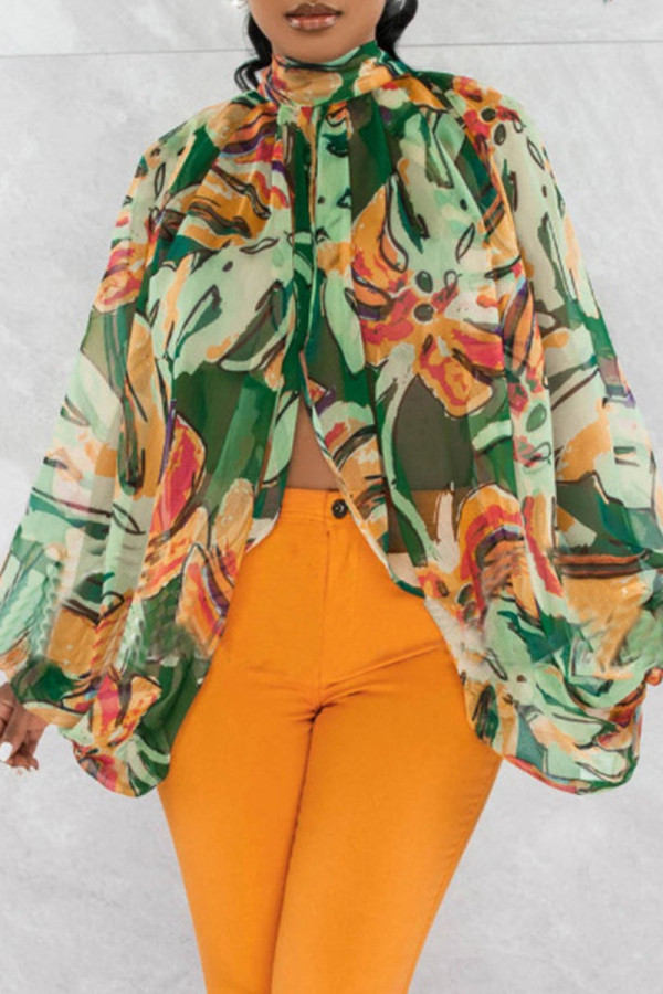 Green Casual Print Slit Turtleneck Tops