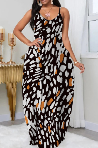 Black Sexy Casual Print Backless Spaghetti Strap Long Dress Dresses