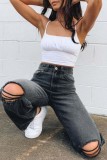 Blue Casual Solid Ripped High Waist Straight Distressed Denim Jeans