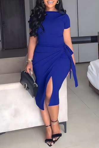Blue Casual Solid Frenulum O Neck Short Sleeve Two Pieces