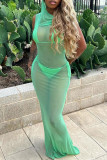 Verde Sexy Patchwork Sólido Gola Cachecol De Malha Transparente Vestidos Saia Um Degrau
