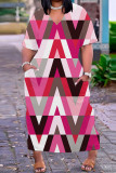 Jordgul Casual Print Basic V-ringad kortärmad klänning