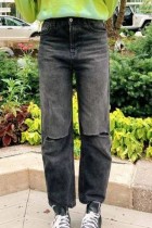 Jeans jeans preto casual sólido cintura alta rasgado