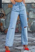 Blue Casual Solid Ripped High Waist Straight Distressed Denim Jeans