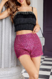 Yellow Casual Patchwork Sequins Straight High Waist Conventional Patchwork Shorts