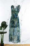 Grünes, lässiges, rückenfreies Frenulum-Kleid mit V-Ausschnitt und langem Kleid