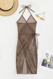 Brown Sexy Solid Bandage Hollowed Out See-through Backless Swimwears Cover Up