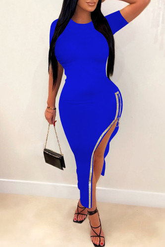 Royal Blue Casual Solid Patchwork Slit Hot Drill O Neck Short Sleeve Dress