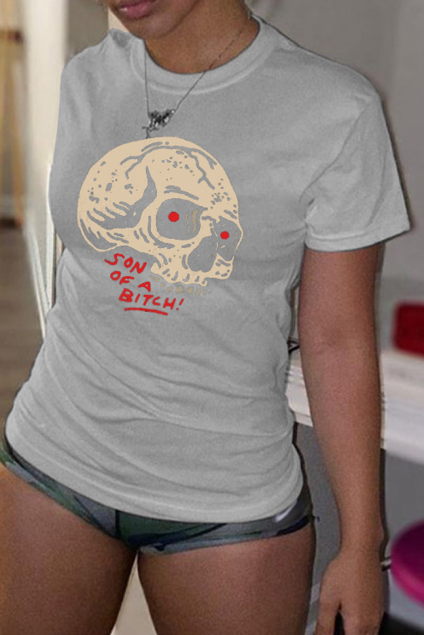 Ljusgrå Casual Street Print Skull Patchwork O-hals T-shirts
