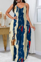 Абрикосовое синее сексуальное повседневное длинное платье с принтом и открытой спиной на тонких бретелях