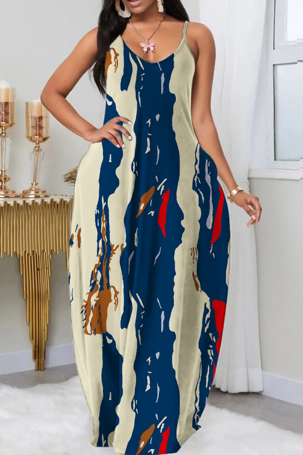 Vestido largo con correa de espagueti sin espalda con estampado casual sexy azul albaricoque Vestidos