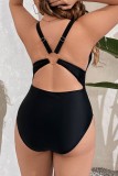 Schwarze, sexy, einfarbige, rückenfreie Badebekleidung in Übergröße (mit Polsterungen)