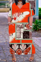 Tangerine Red Casual Print Basic V-Ausschnitt Kurzarmkleid Kleider
