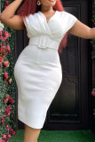 White Casual Solid Patchwork With Belt V Neck One Step Skirt Dresses