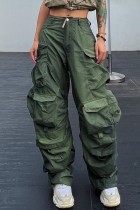 Pantalon décontracté solide patchwork taille haute classique couleur unie vert