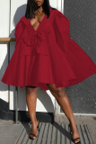 赤い甘い固体パッチワーク ボタン リボン V ネック ストレート ドレス