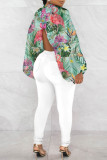 Light Green Casual Print Slit Turtleneck Tops