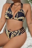Leopard Print Sexy Print Bandage Backless Halter Plus Size Swimwear (With Paddings)
